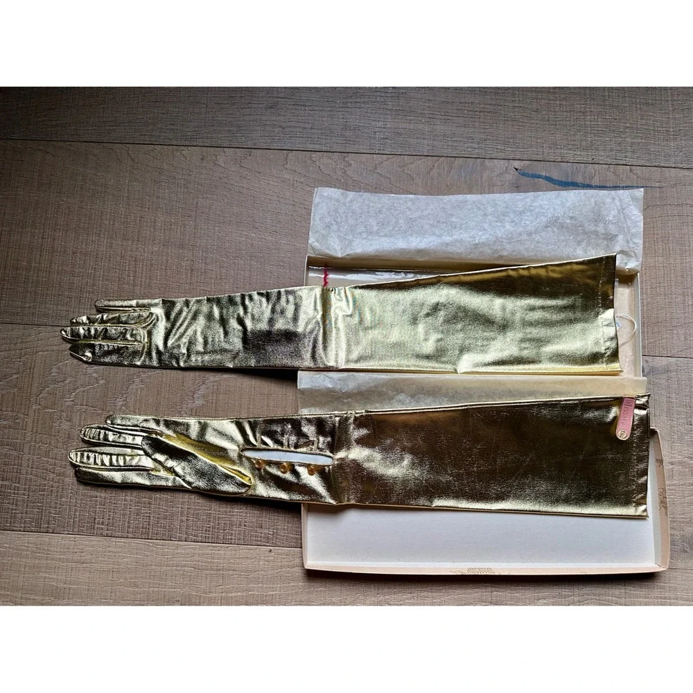 Vintage 1950s Miss Aris Gold‎ Metallic Opera Gloves Deadstock Burlesque 20 Inch